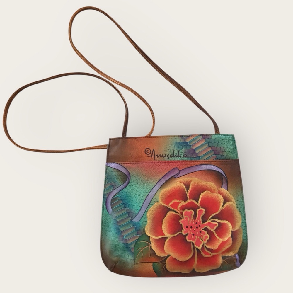 Anuschka Leather Crossbody Purse Floral  Boho Hand-painted Teal Blue & Red - Picture 2 of 10
